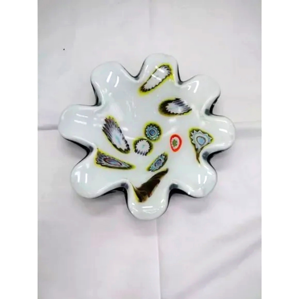 Murano Style Art Glass Dish Petal Rim White Green Millifiori 8 inches